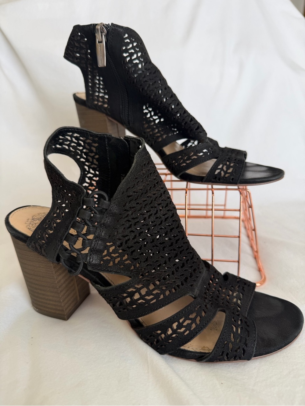 Vince Camuto Black Laser-Cut Block Heel Sandals